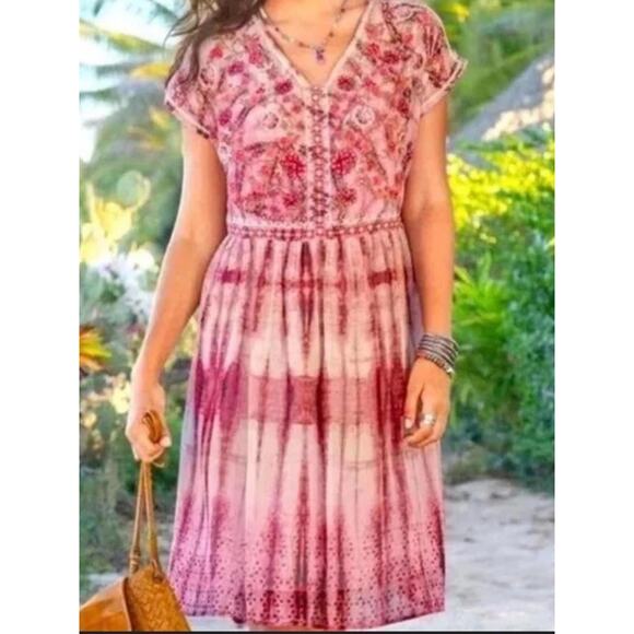 Sundance Catalog Gemi Sz XS Pink Tie Dye Floral Embroidered Chiffon Dress Lined - Picture 3 of 14